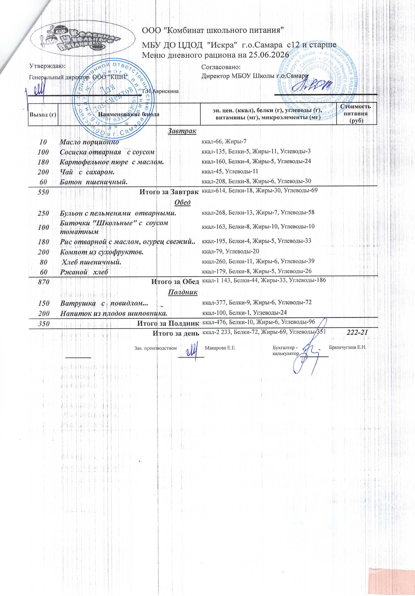 Меню на 25 июня